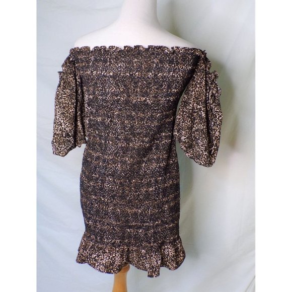 TOPSHOP Off Shoulder Puff Sleeve Leopard Print Smocked Mini Dress 8 NEW - Picture 8 of 10